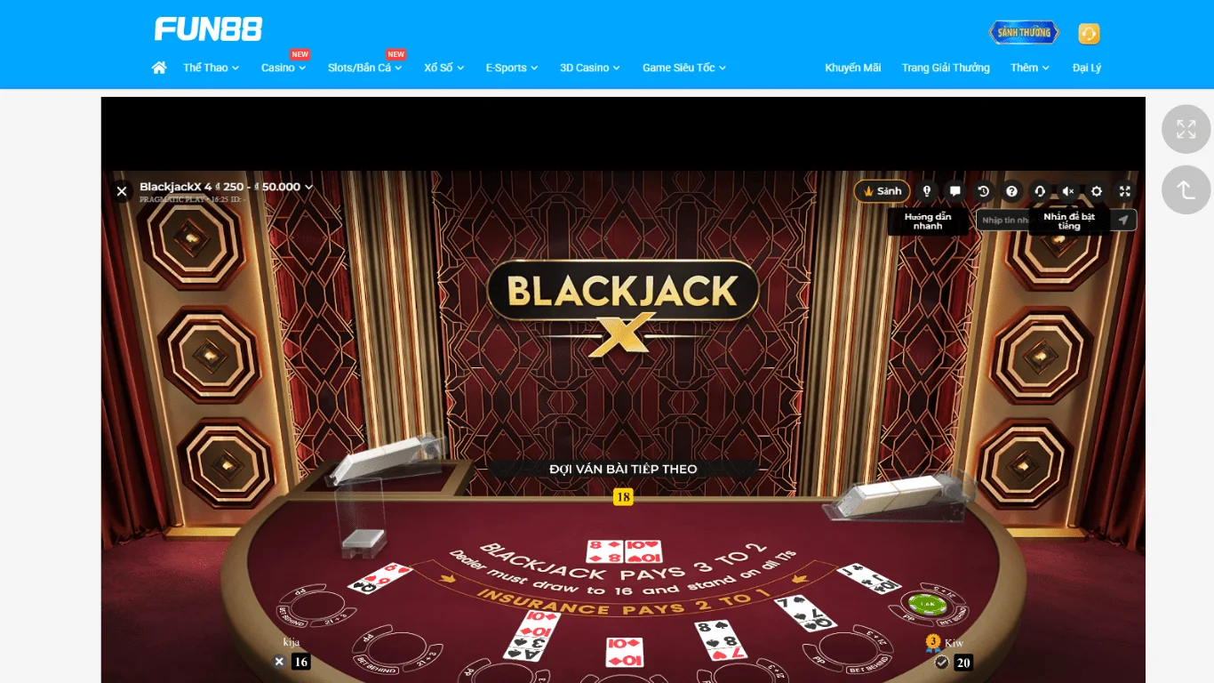 Giao diện Blackjack tại FUN88