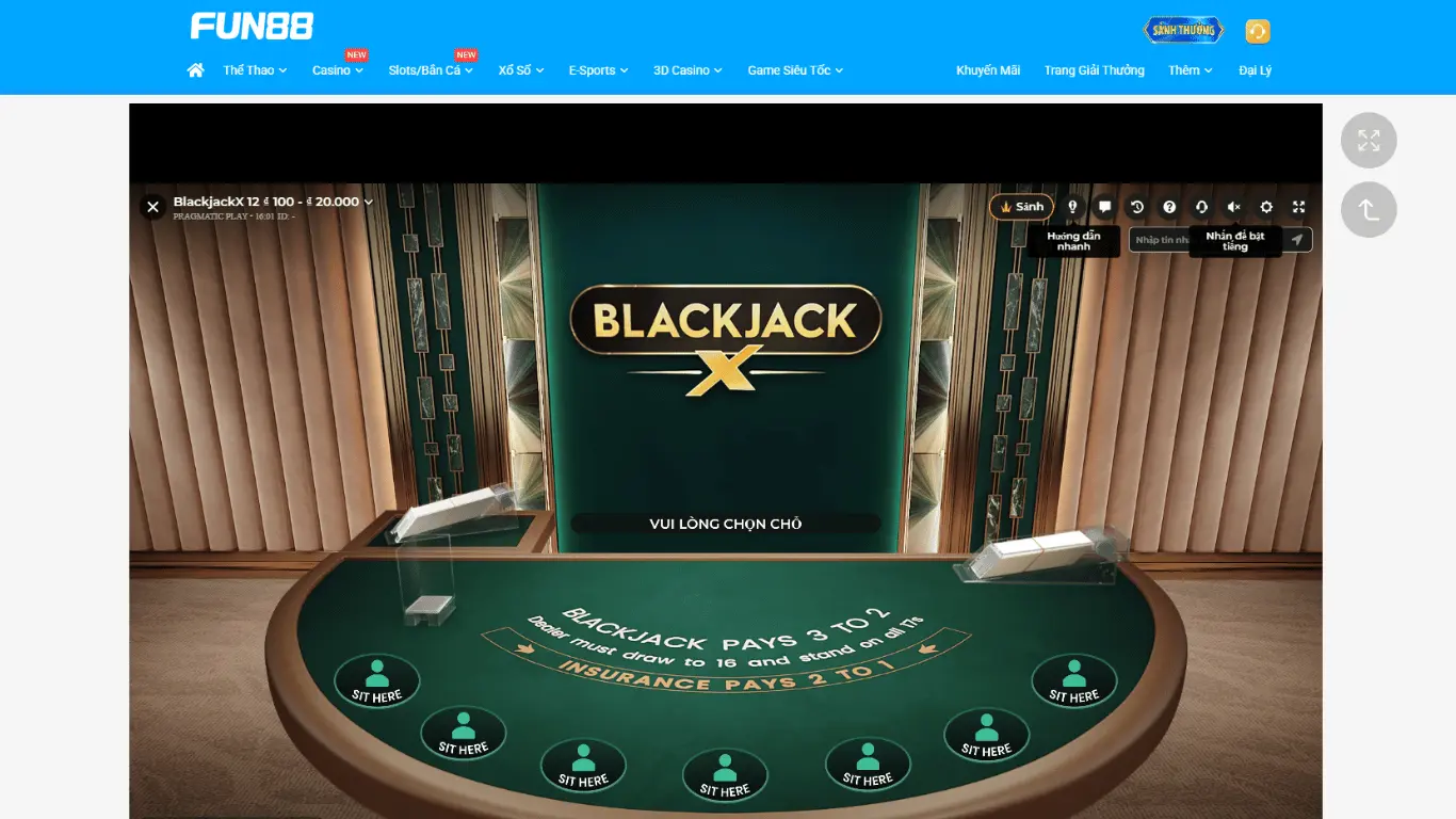 Giao diện Blackjack tại FUN88