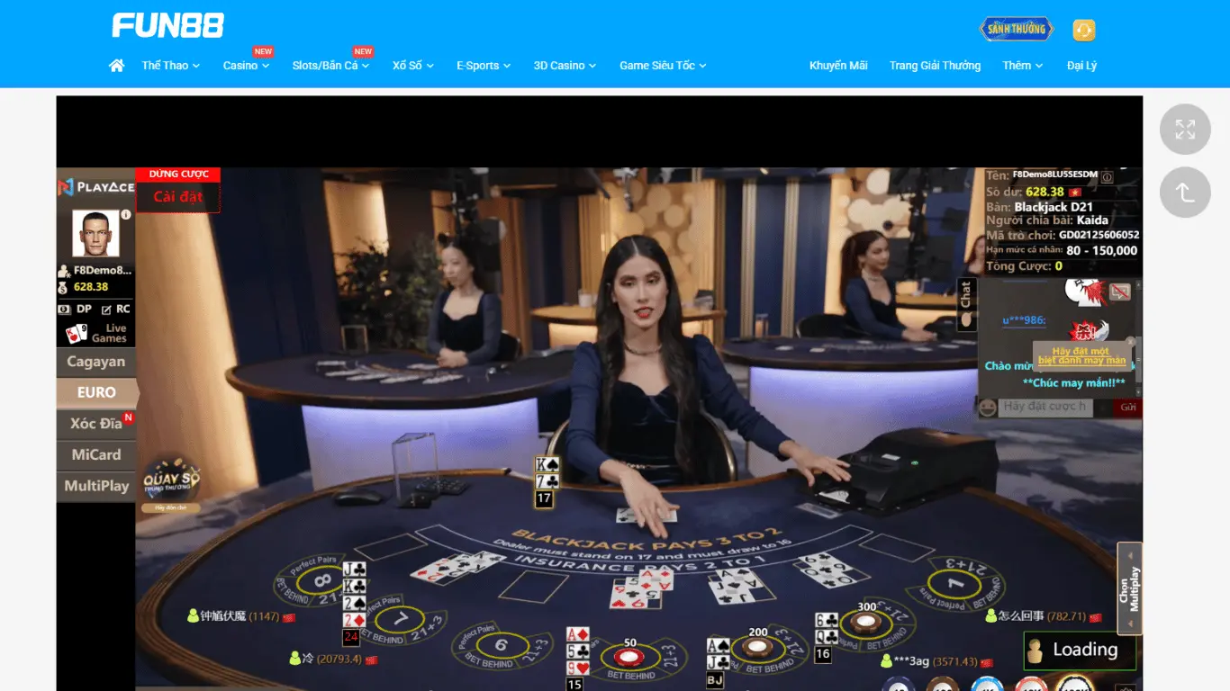 Giao diện trò Blackjack tại FUN88