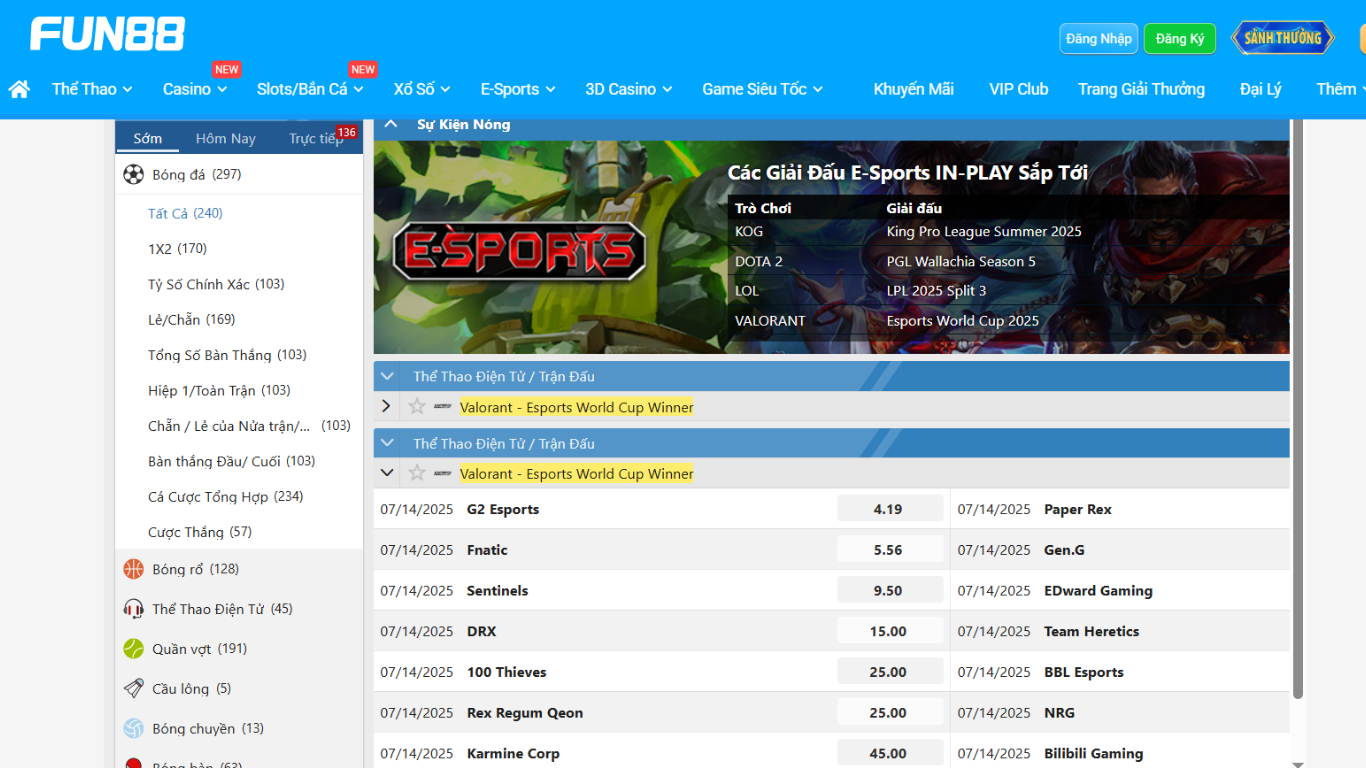 Giao diện cá cược EWC 2025 tại FUN88