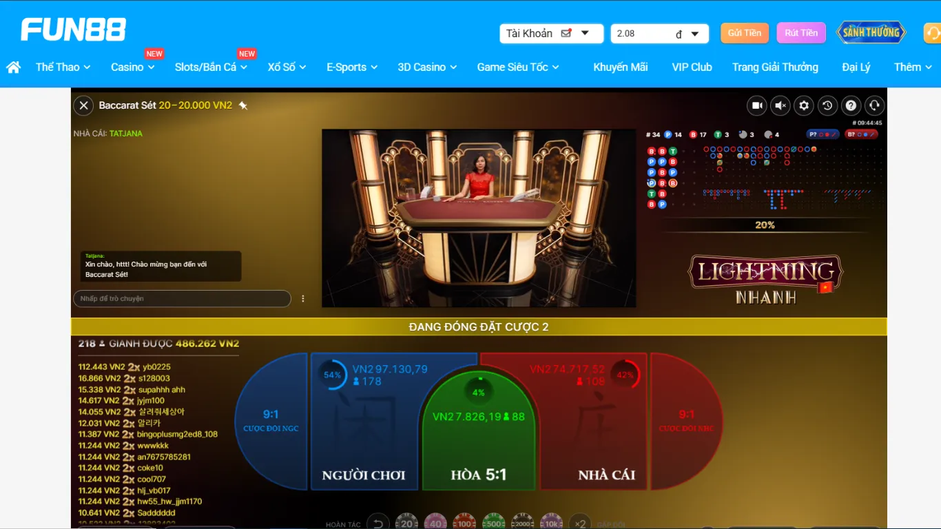 Giao diện cá cược Lightning Baccarat tại FUN88